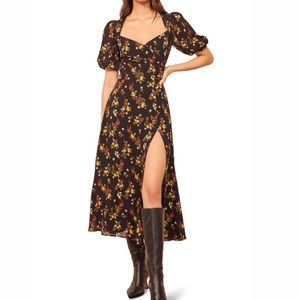 Reformation Black Red Floral Faux Wrap Midi Dress